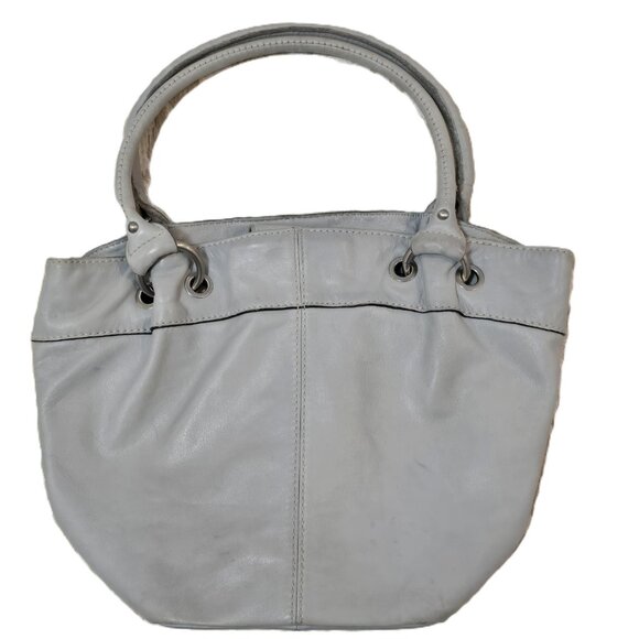Tignanello Gray Leather Tote Bucket Bag With Striped Interior Double Handles - Picture 4 of 13
